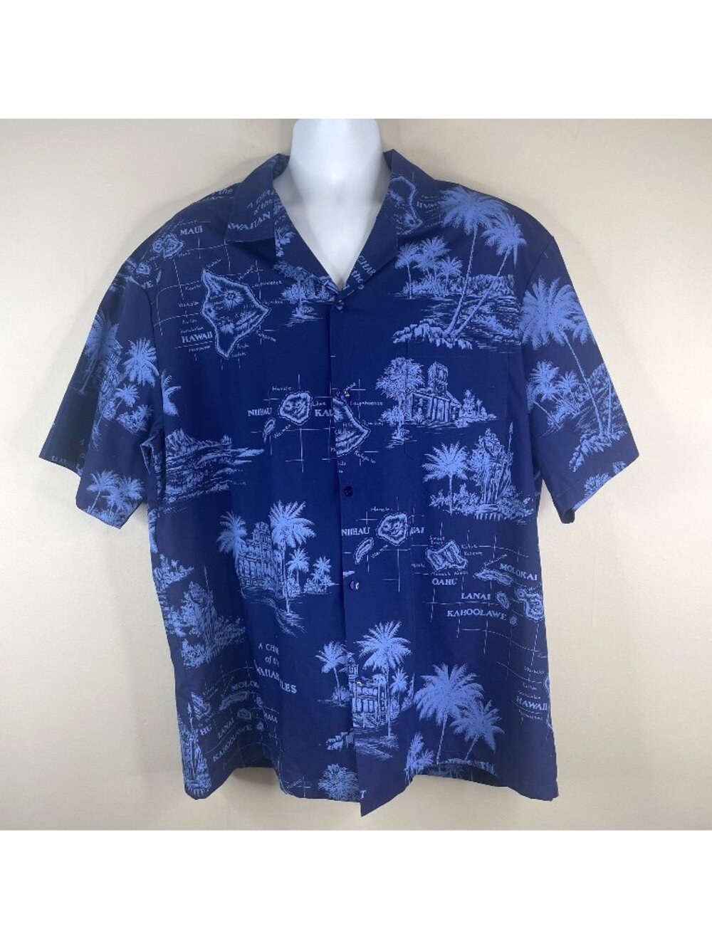 Vintage CT Hawaii Shirt 2XL Mens Blue Hawaiian Tropical Map Dressy Casual Cruise